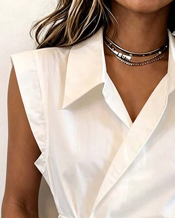 Waist-Cinched Sleeveless Cross Button Blouses