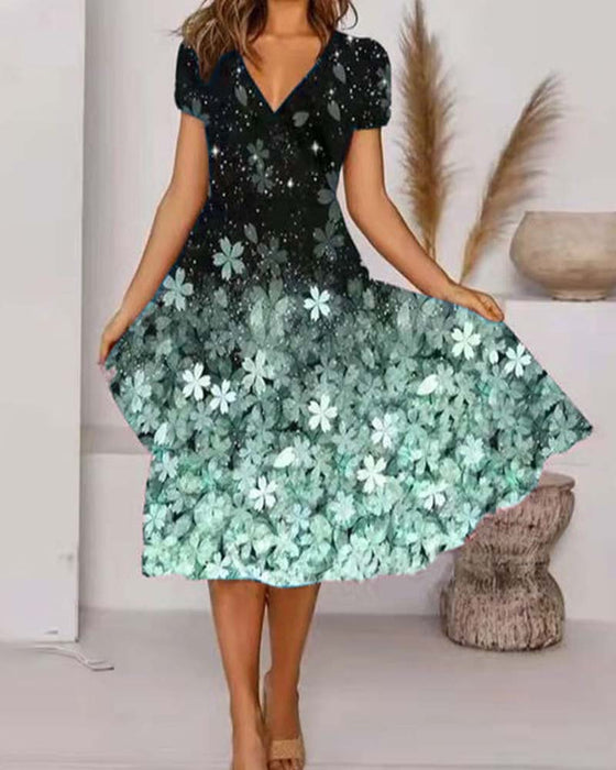 Short-Sleeved V-Neck Floral Dress