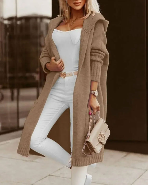 Hooded Pocket Open Front Knit Cardigan