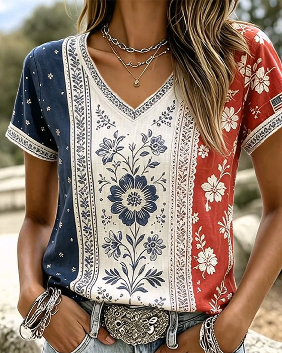 Colorblock Ethnic Floral V-Neck T-Shirts