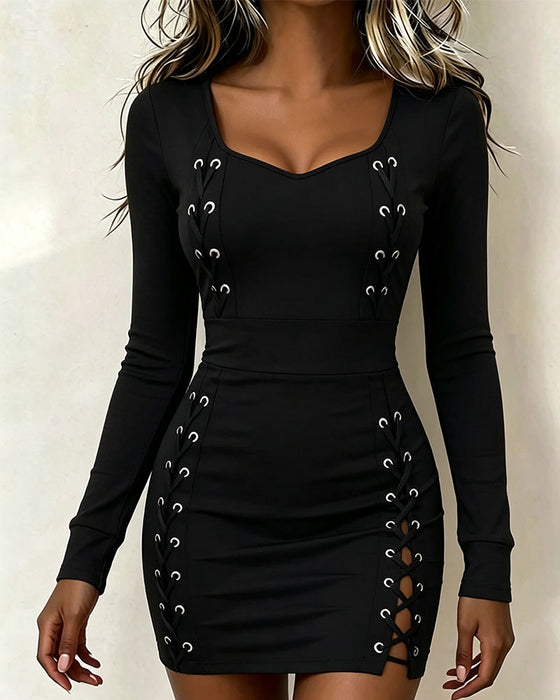 Square Neck Tie Long Sleeve Dress