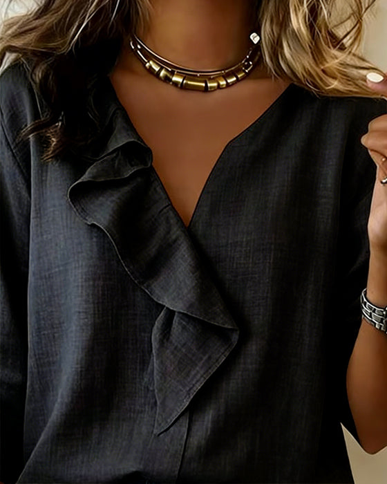 Ruffled Solid-Color Long-Sleeved Blouse