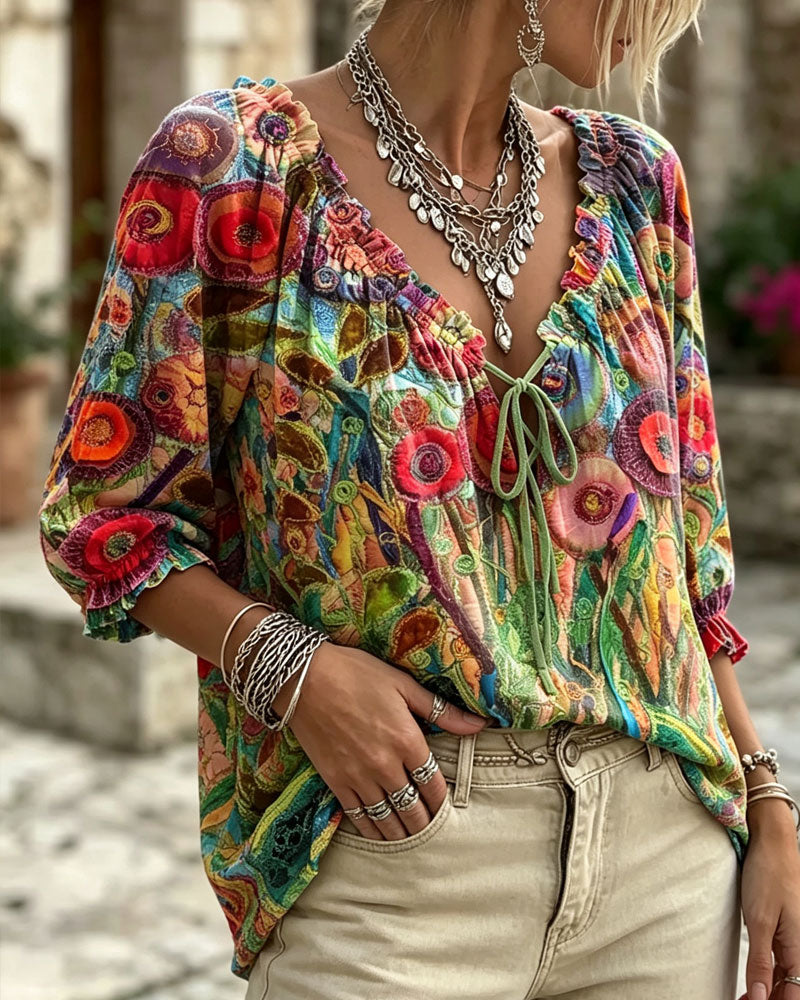 V-Neck Ruffle Puff Sleeve Tie Blouse