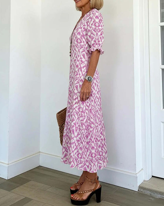 V-Neck Mid-Length Sleeve Ruffle A-Line Dress