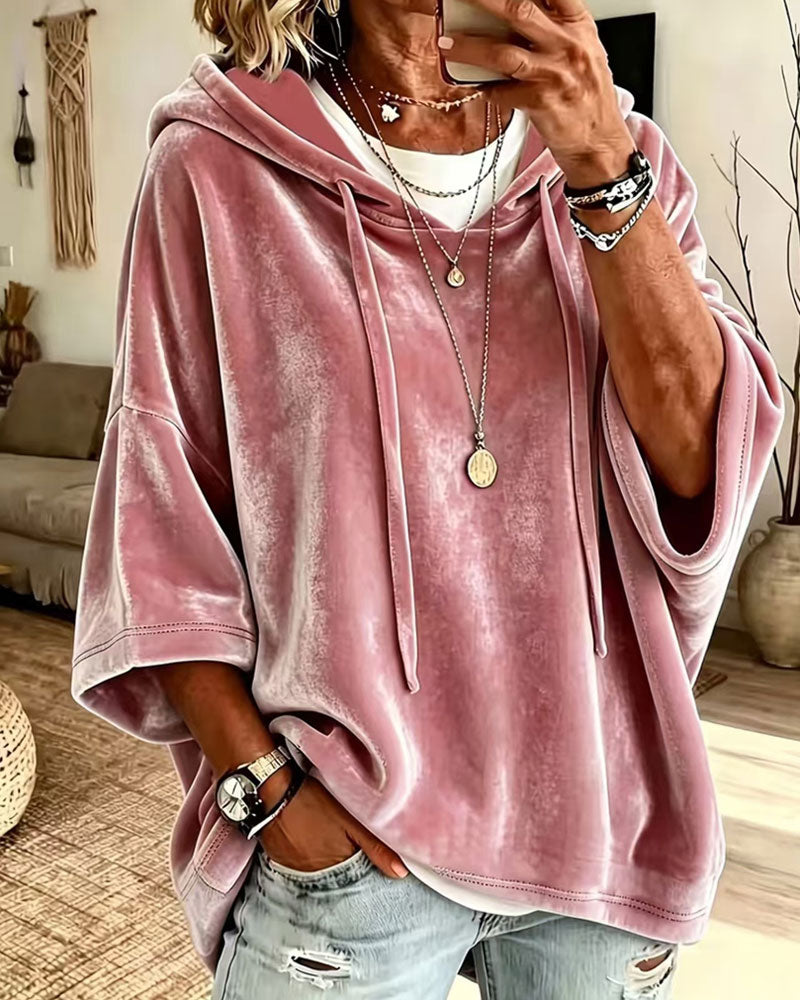 3/4 Sleeve Velvet Hooded Sweatshirt