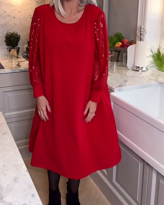 Fashionable solid color sequin patchwork long-sleeve dress