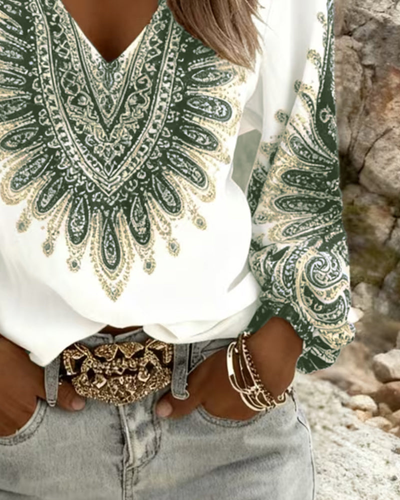 V-Neck Retro Print Top