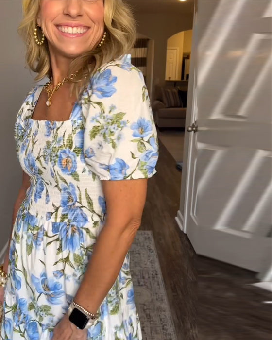 Square Neck Pleated Floral A-Line Dress