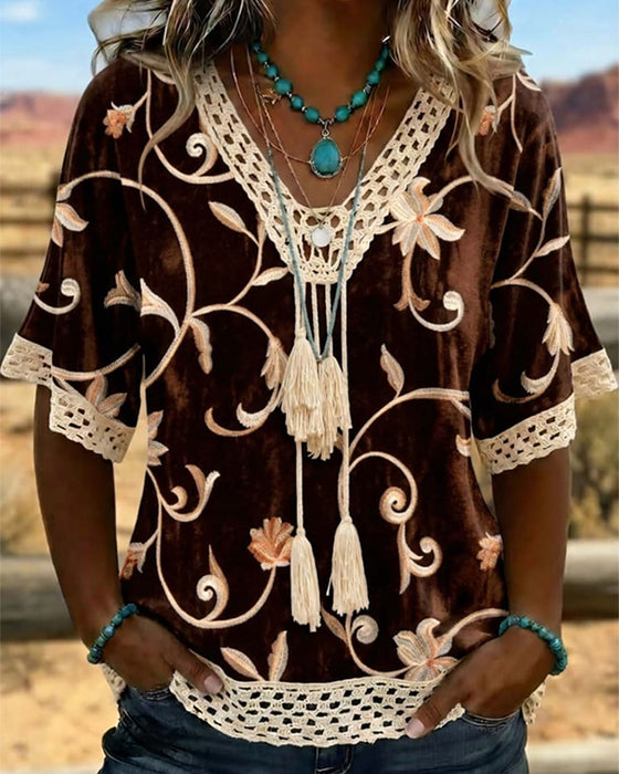 V-Neck Lace Fringe Floral Blouse
