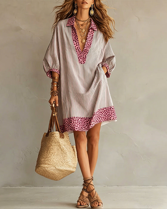 Leopard Print Panel Puff Sleeve Striped Shirt Dress