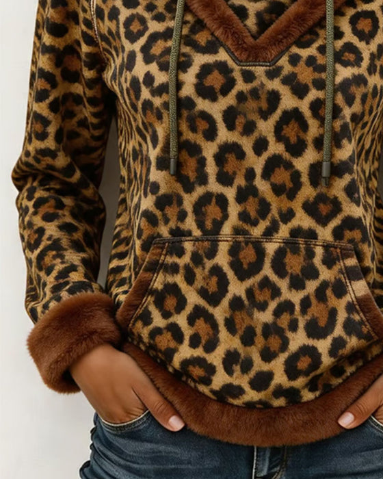 Leopard Print Hooded Drawstring Sweatshirt