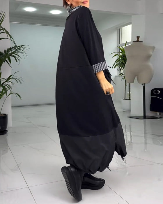 Casual plaid patchwork high collar pocket dress