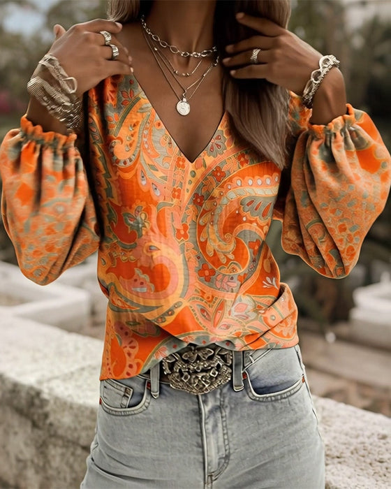Patterned V-Neck Puff-Sleeve Blouse