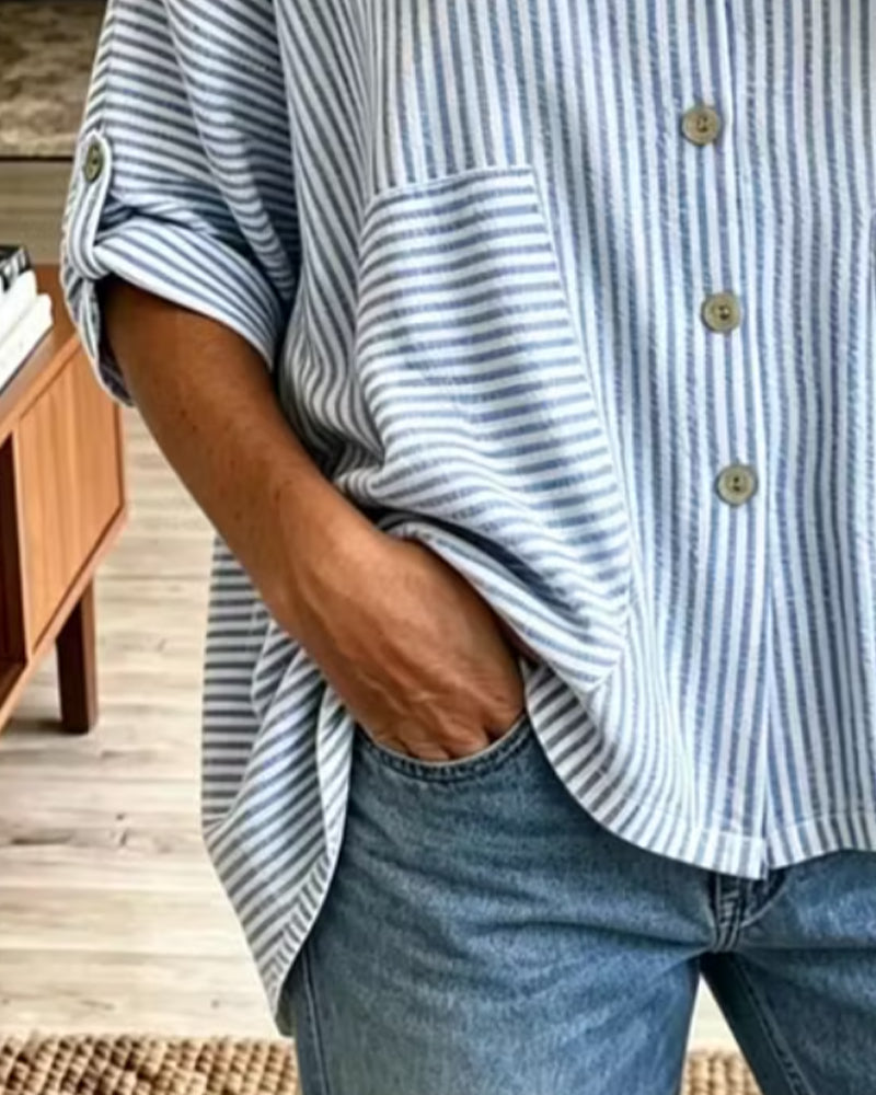 Hooded Button-Down Stripe Short-Sleeve Blouse