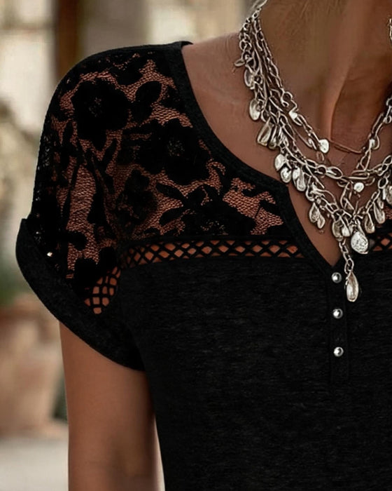 Lace Patchwork Henley Blouse