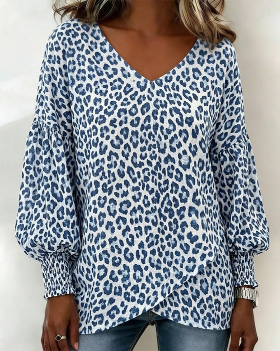 Leopard Lantern-Sleeve V-Neck Top
