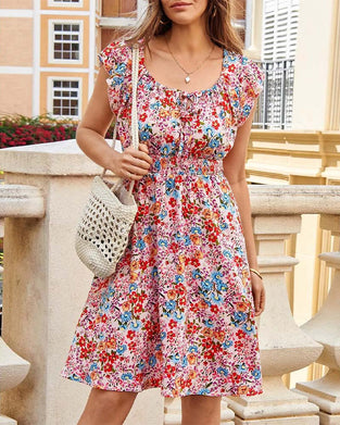 Colorful Floral Print Square-Neck with Ruffle Sleeves Dress