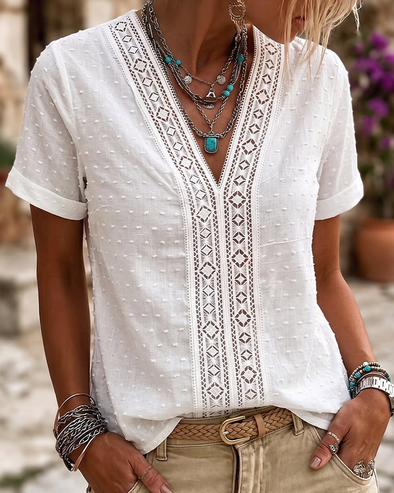 V-Neck Diamond Cutout 3D Floral Solid Blouse