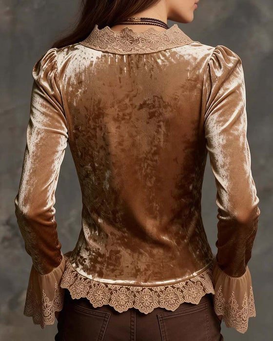 V-Neck Smocked Lace Panel Blouse