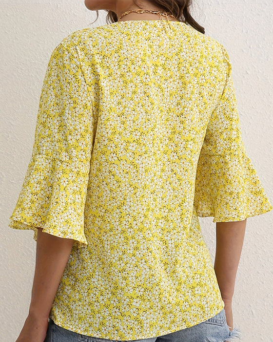 V-Neck Floral Butterfly Sleeve Blouse