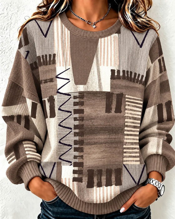 Crew Neck Checkered Color Block Sweatshirt