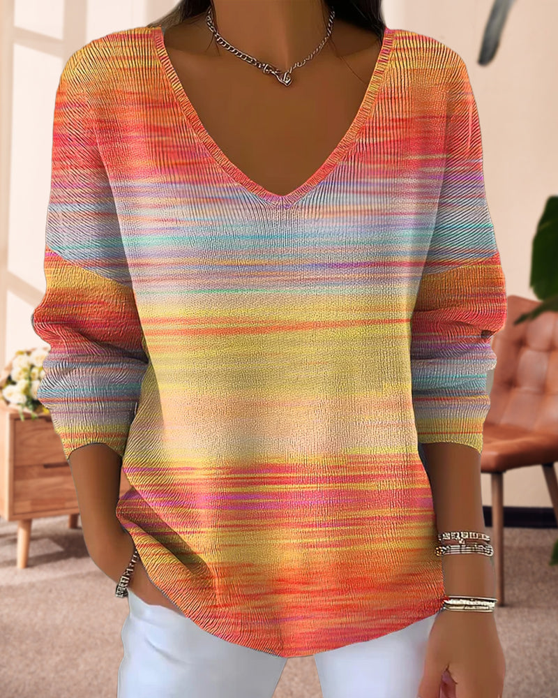 V-Neck Rainbow Stripe Sweater