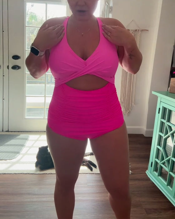 Fashionable Color Block Halter One Piece Swimsuit