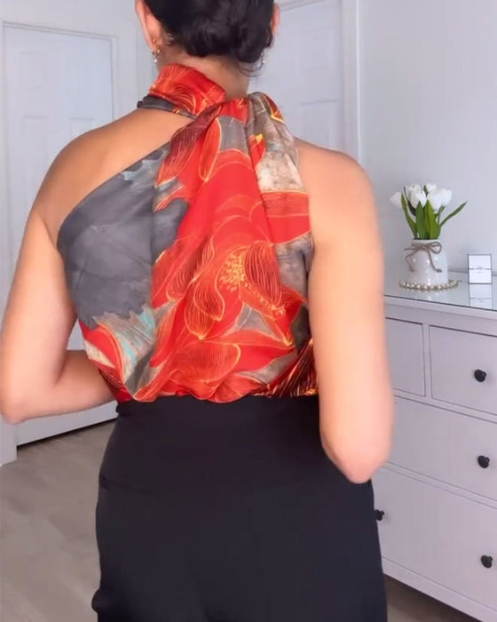 Printed irregular halter sleeveless top