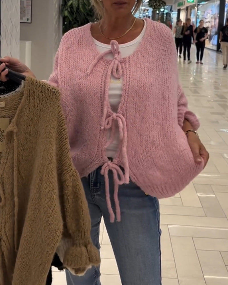 Casual solid color lace-up long-sleeve cardigan