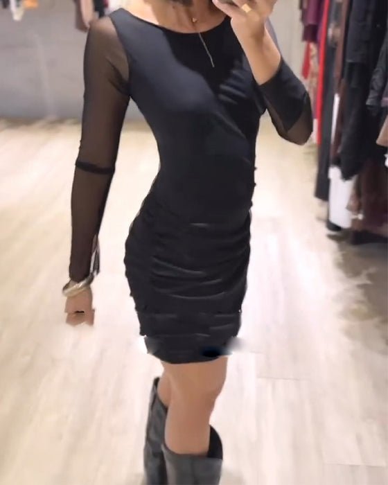 Crew-Neck Mesh Ruched Slim Dress