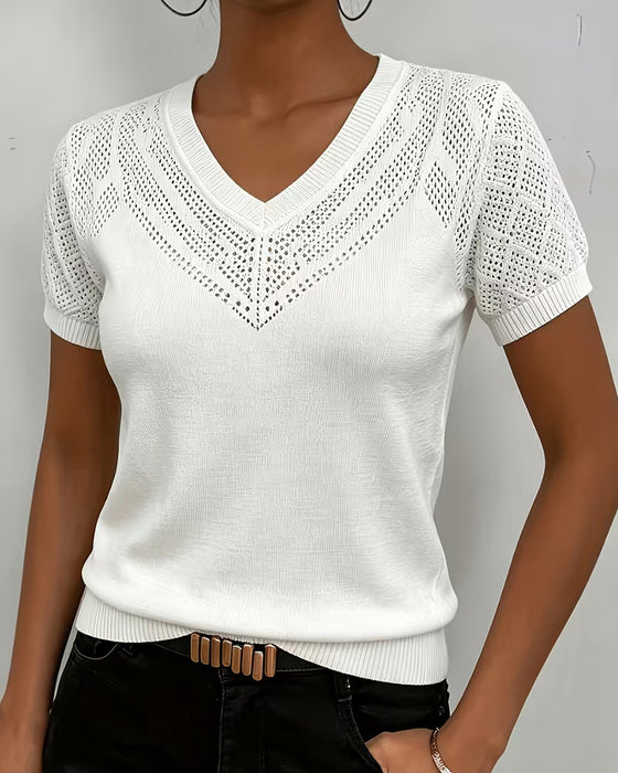 Solid Color Hollow Out V Neck Slim Fit Pullovers