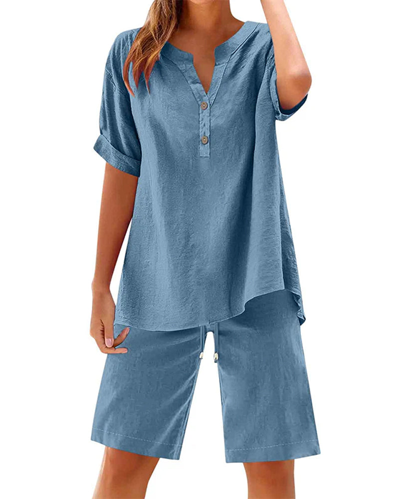Henley Neck Short Sleeve And Drawstring Five-Point Wide Leg Pants Two-Piece Set