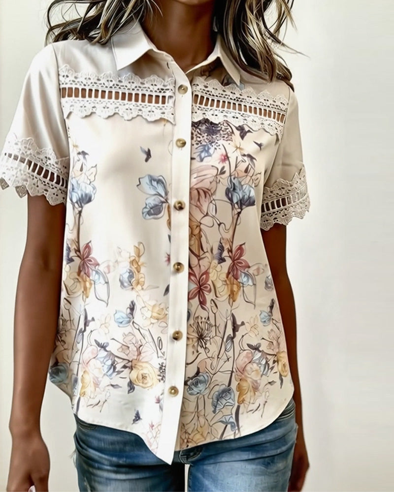 Floral Lace Patchwork Short Sleeve Shirt