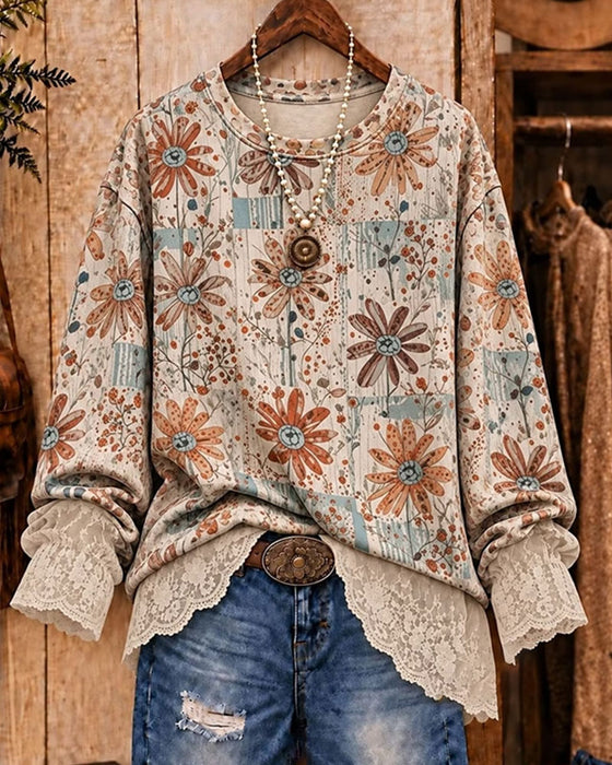 Round Neck Floral Lace Panel Long-Sleeve Top