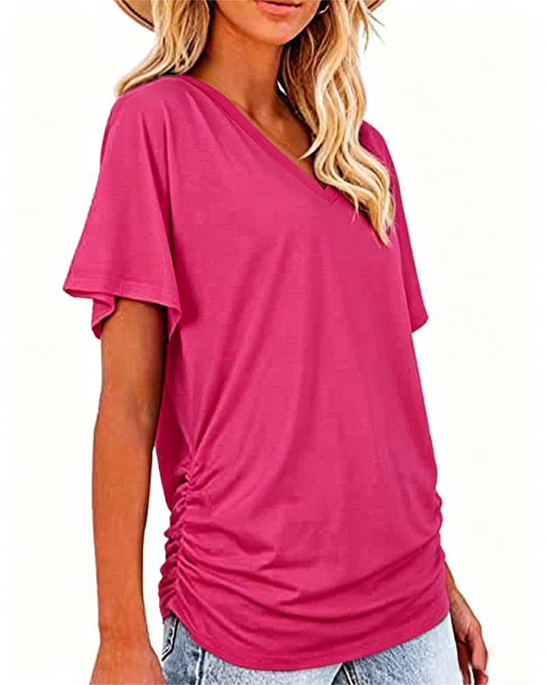 Pleated Solid Color V-Neck T-Shirt