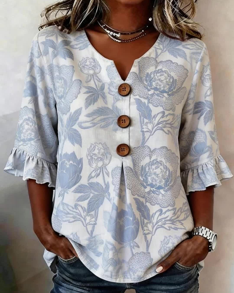 Printed Ruffled Cuff Blouse