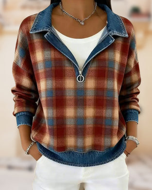 Women'S Casual Lapel Denim Patchwork Plaid Print Pullover Sweatshirt