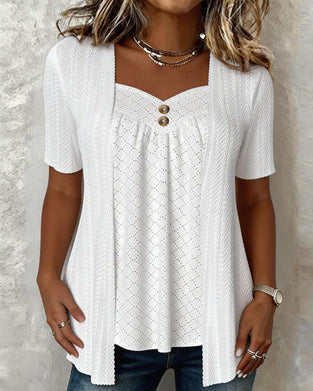 Faux Layered Square Neck Hollow Out Patchwork Blouse