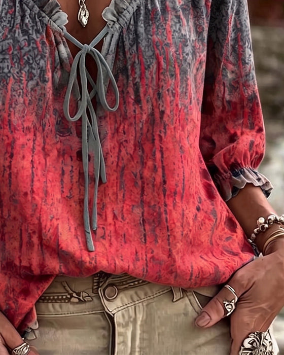 Gradient Tie-Dye Drawstring Three-Quarter Sleeve Blouse