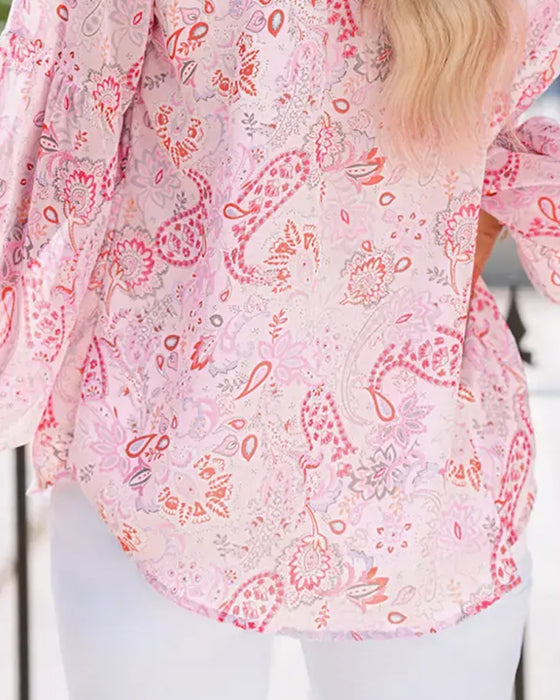 Lantern Sleeve Printed V-Neck Blouse