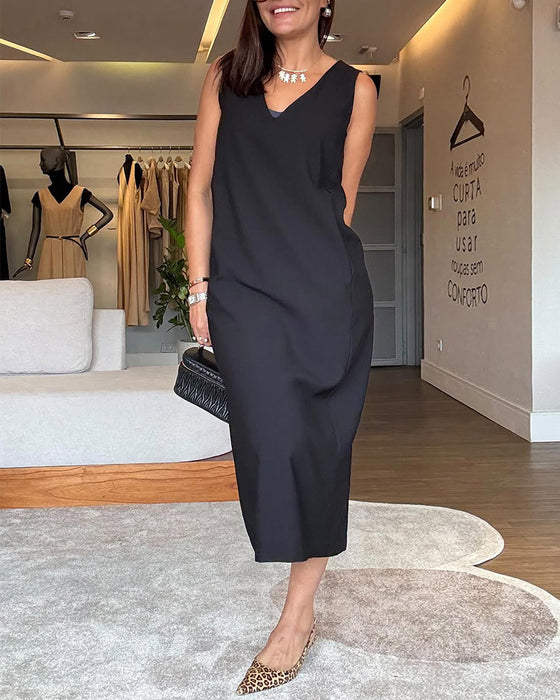 Casual V-neck Sleeveless Solid Color Split Dress