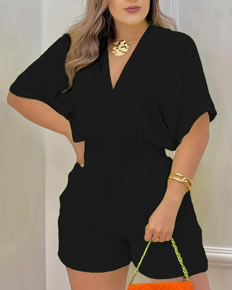 Solid Color V-Neck Jumpsuit