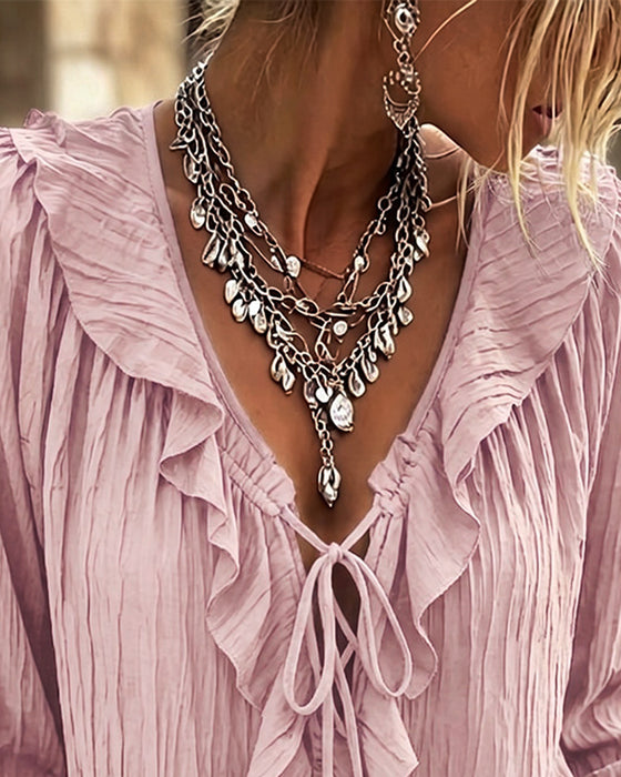 Ruffle Trim Lace-Up Long Sleeve Blouse