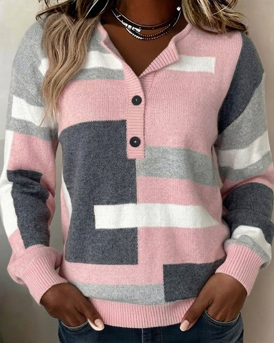 Checkered Button-Front Long-Sleeve Pullover