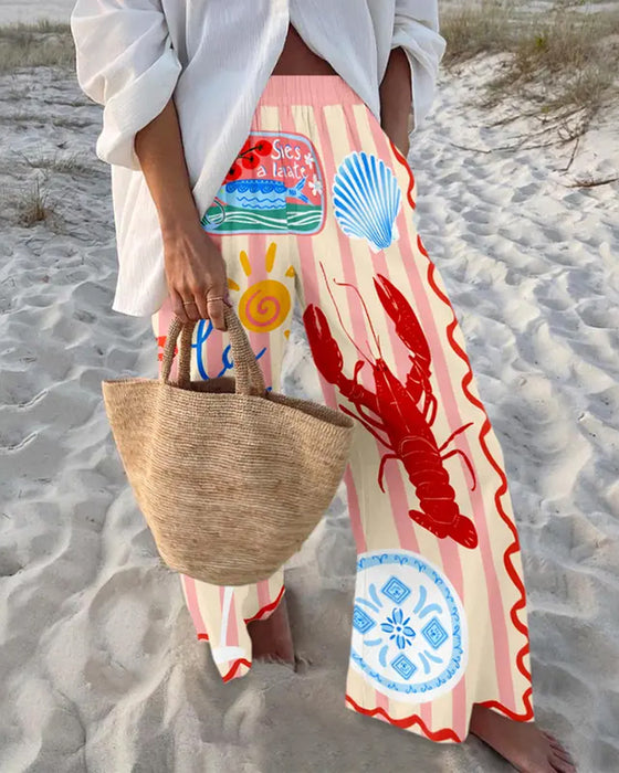 Ocean Print Wide-Leg Pants