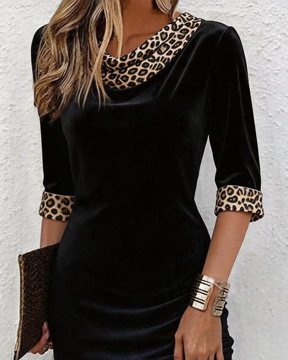 Draped Cowl Neck Leopard Print Half Sleeve Fitted Dress