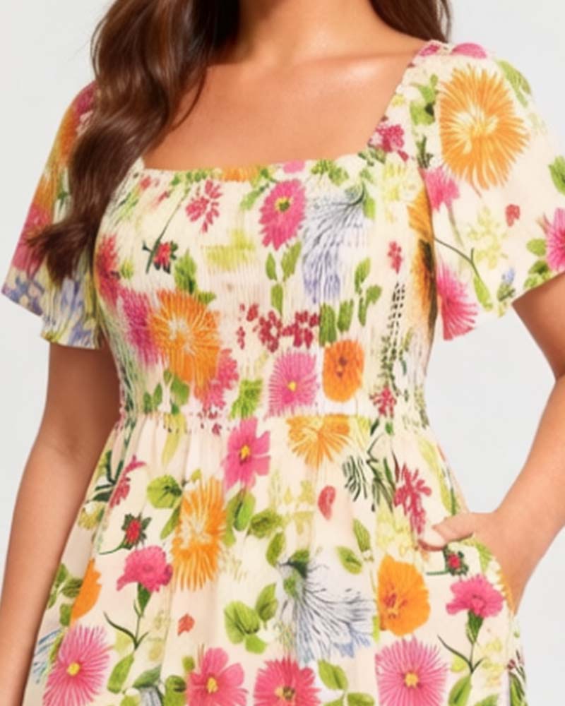 Square Neck Floral Smocked Waist Dress