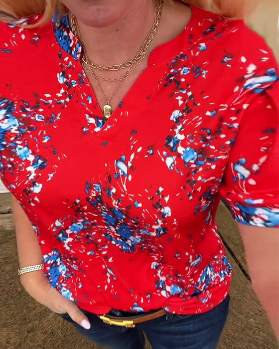 V-Neck Floral Print Short-Sleeved T-Shirt