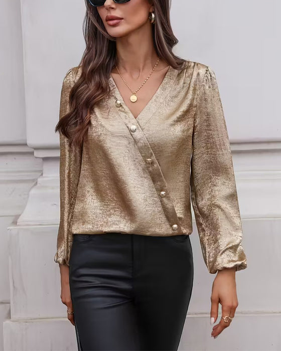 V-Neck Asymmetrical Button Fashion Blouse