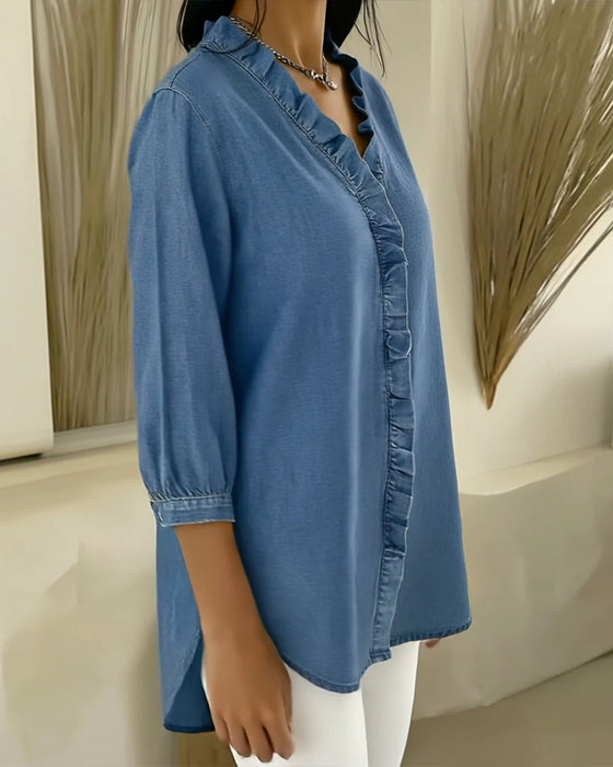 Ruffle V-Neck Denim Blouse